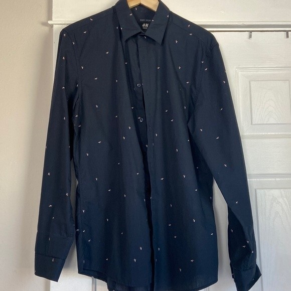 H&M print patterned button down shirt long sleeve mens size medium navy - Picture 1 of 3